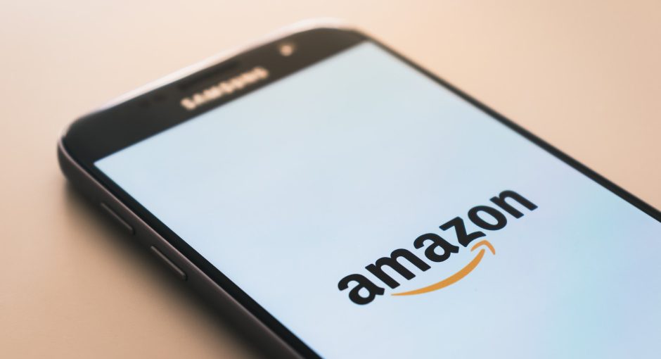 Black Samsung Galaxy smartphone displaying Amazon logo