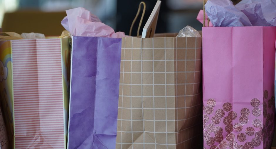 Purple and white paper bags